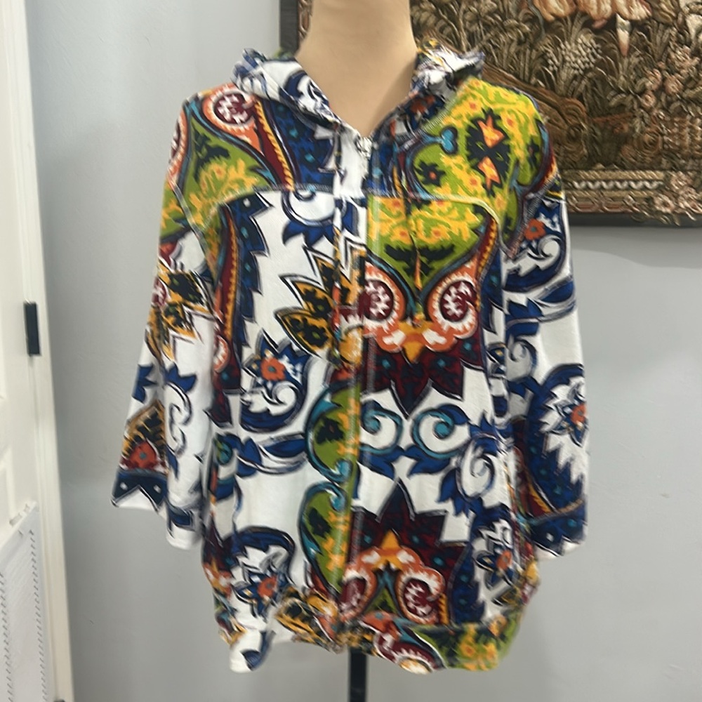 Chicos Colorful Full Zipper Hooded Jacket. Size 3